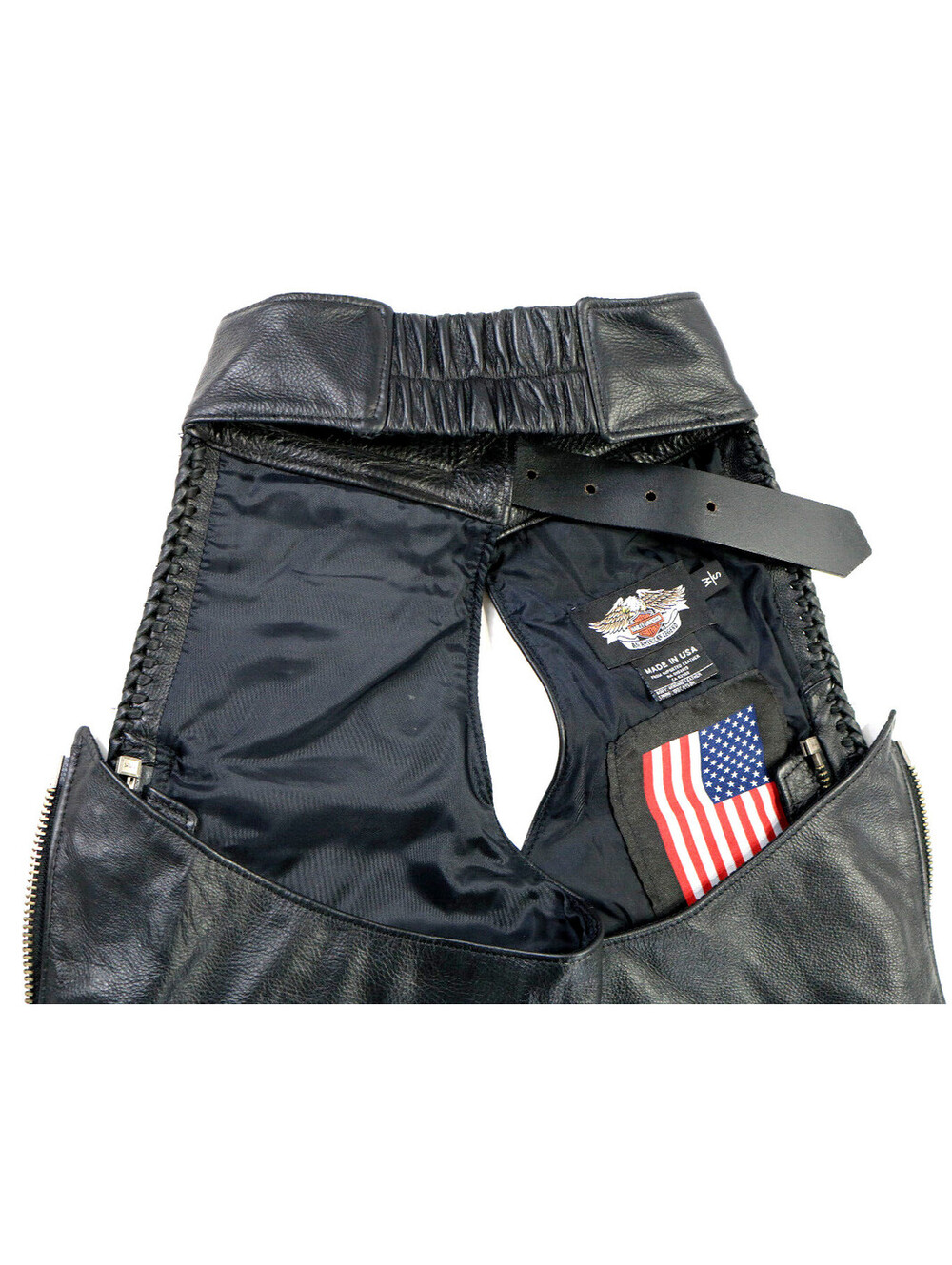 harley davidson chaps S black leather lined pockets vintage Willie G USA flag